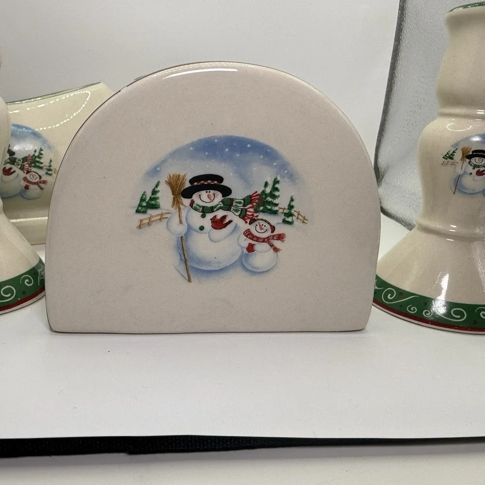 Royal Seasons‎ 5 Piece Stoneware Accessory Set Christmas Holiday Snowmen Green